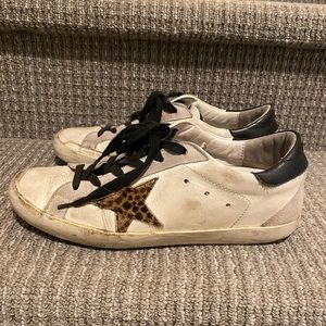 GOLDEN GOOSE Superstar distressed leather, suede leopard calf hair sneakers